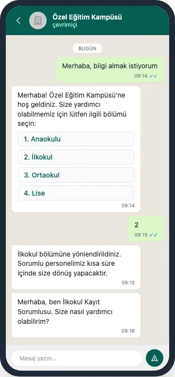 WhatsApp sohbetinde müşteriye gösterilen bölüm yönlendirme menüsü