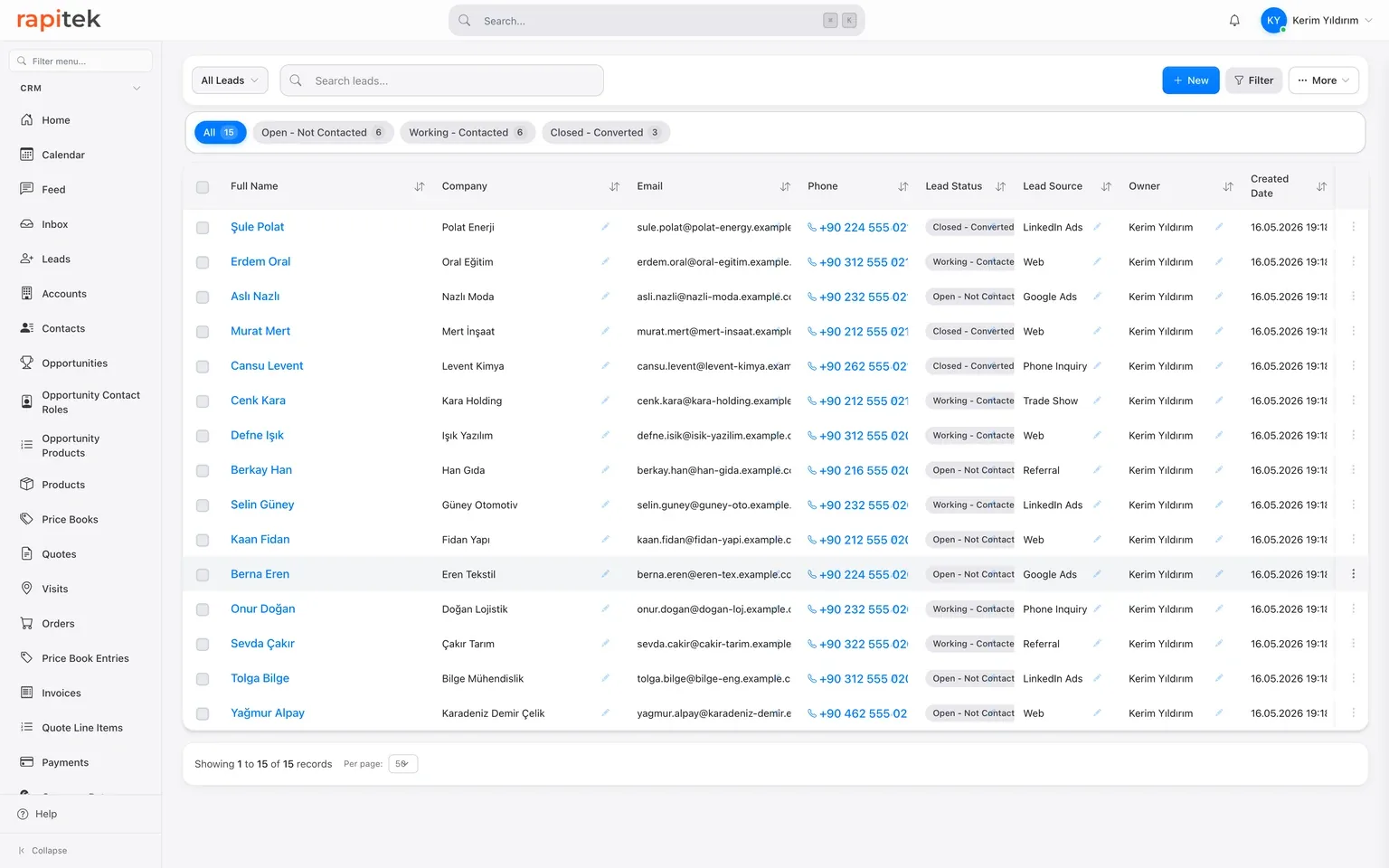 Rapitek CRM Leads screen: a list of leads with Open, Working and Closed status chips, lead source and owner fields, creation dates, and filter chips showing counts.