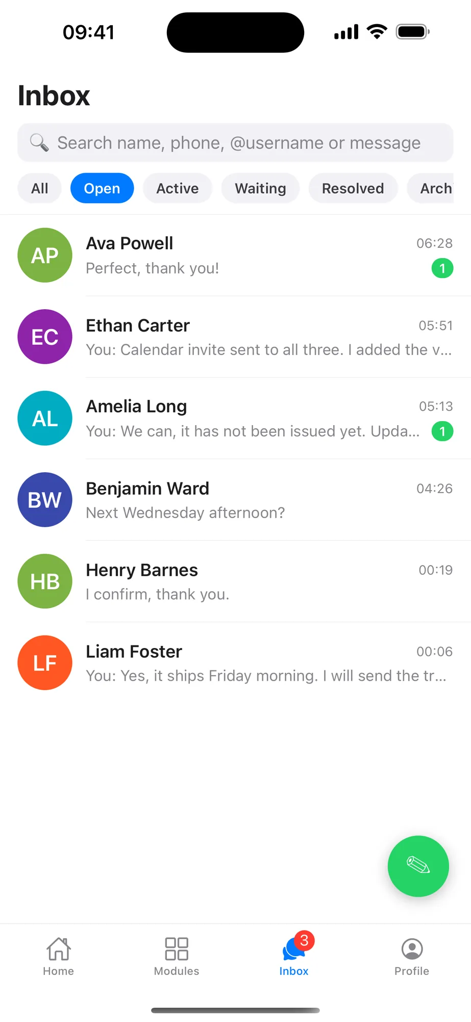 صندوق الوارد في تطبيق Rapitek CRM: ست محادثات WhatsApp تظهر باسم العميل، مع عدّاد الرسائل غير المقروءة ومرشّحات الحالة