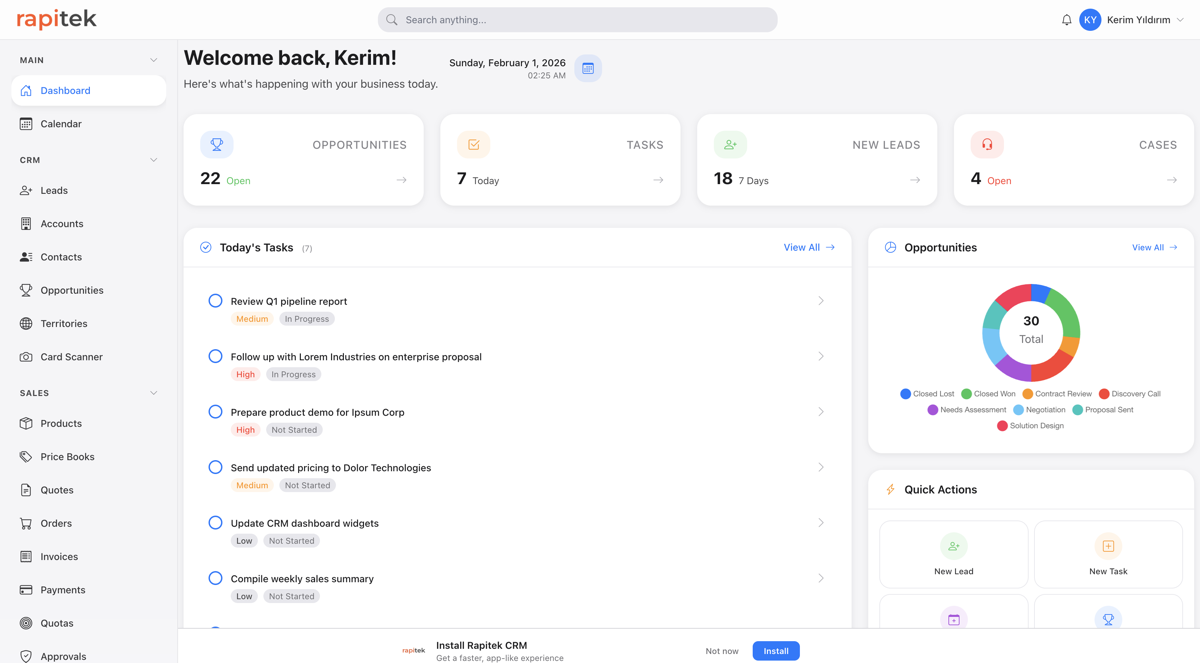 Rapitek CRM Dashboard - Opportunities, Tasks, Leads & Cases