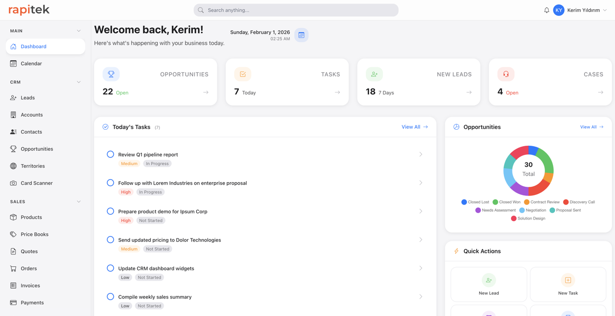 Rapitek CRM dashboard — sales pipeline, deals, and analytics view