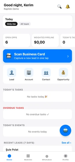 Rapitek CRM Mobile App — Real Home Screen