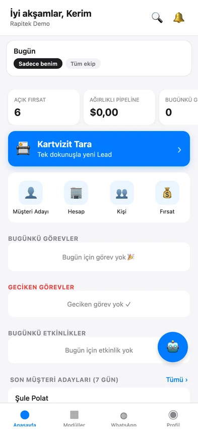Rapitek CRM Mobil Uygulama — Gerçek Anasayfa