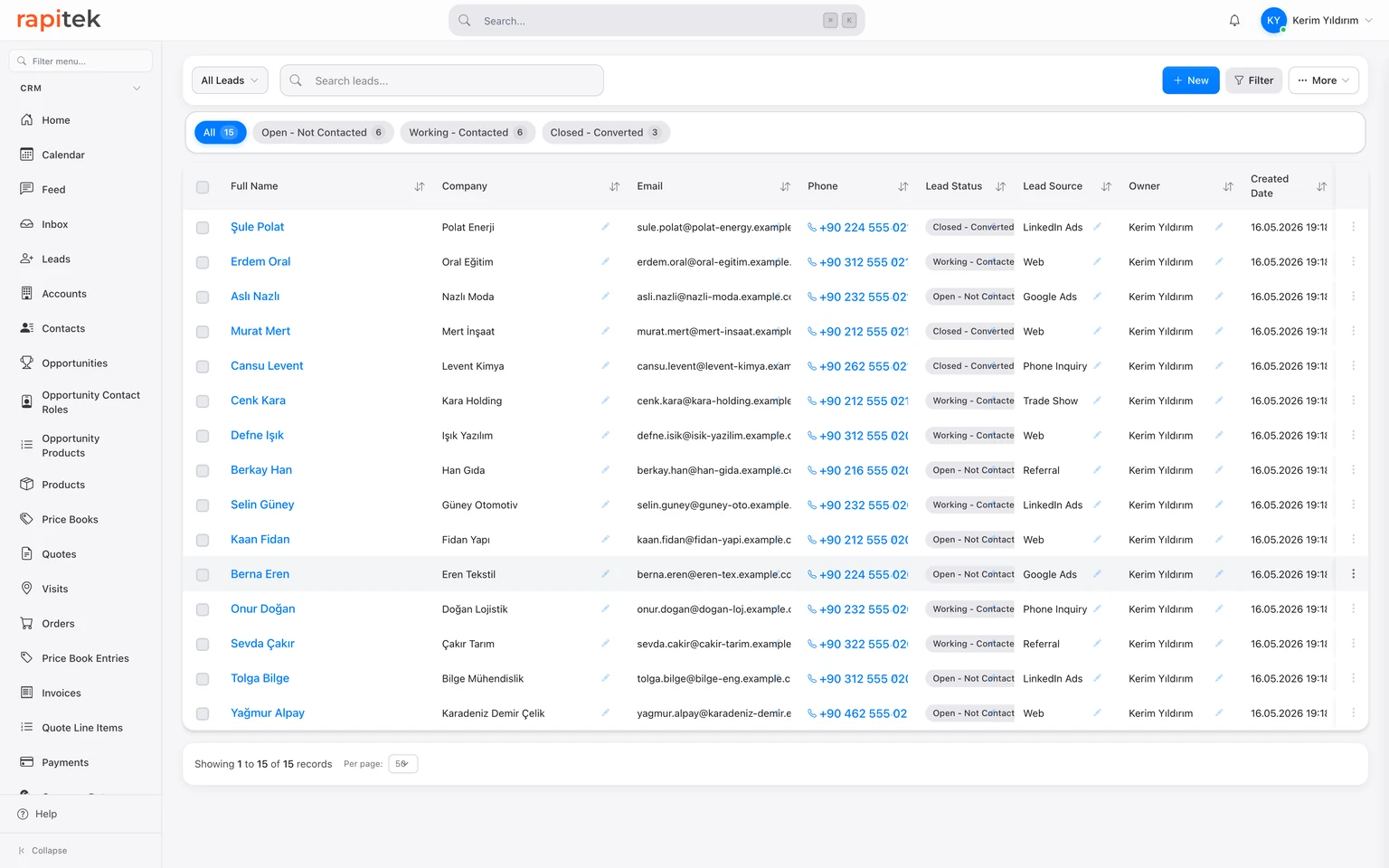 Rapitek CRM — Lead pipeline with 15 sample leads, status badges, sources and assigned owners