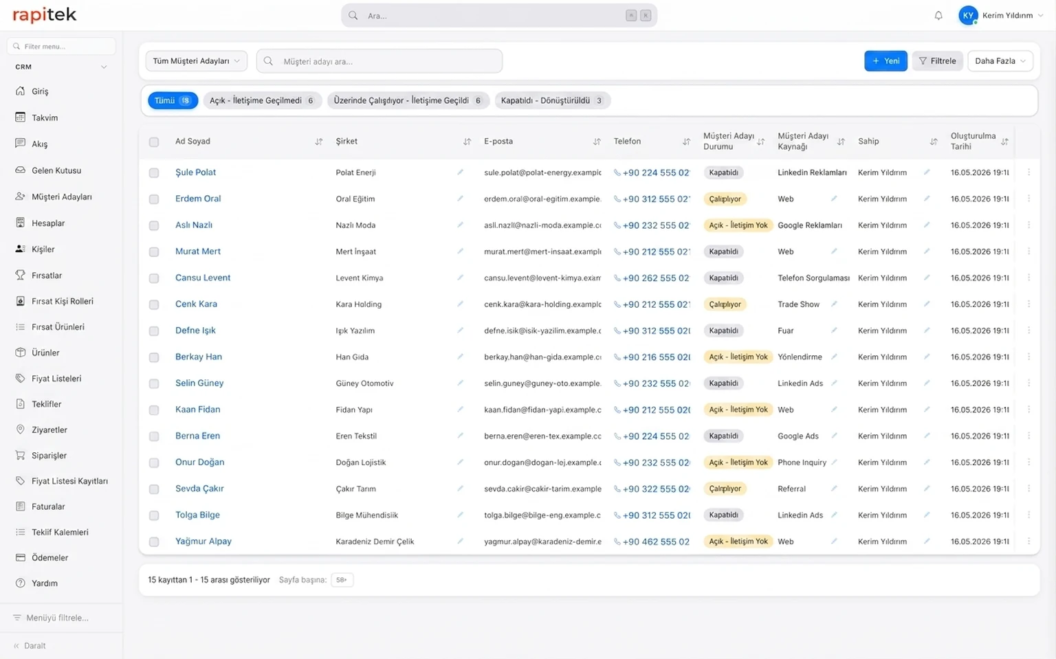Rapitek CRM — 15 örnek müşteri adayı, statü etiketleri, kaynaklar ve atanan sahipler